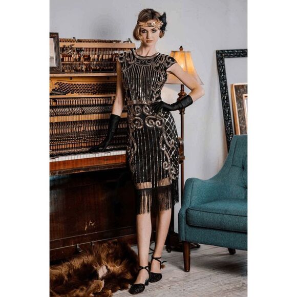 ✨ Flapper Great Gatsby Roaring 1920s Retro Tassel Fringe Sequin Dress SIZE L NEW - Picture 8 of 17